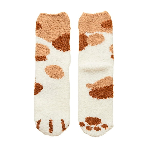 Mosey 1 Pair Women Floor Socks Cat Feet Middle Tube Stretch Contrast Color Coral Fleece Thicken Cartoon Sleeping Socks for Daily Wear