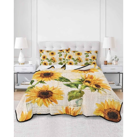 Quilts Full Size, Retro Sunflower Soft Comforter Bedding Set for Bed, Watercolor Letter Flowers Lightweight Quilted Bedspread with Pillow Cover(2 Pieces) for All Season, 78x90 Inch