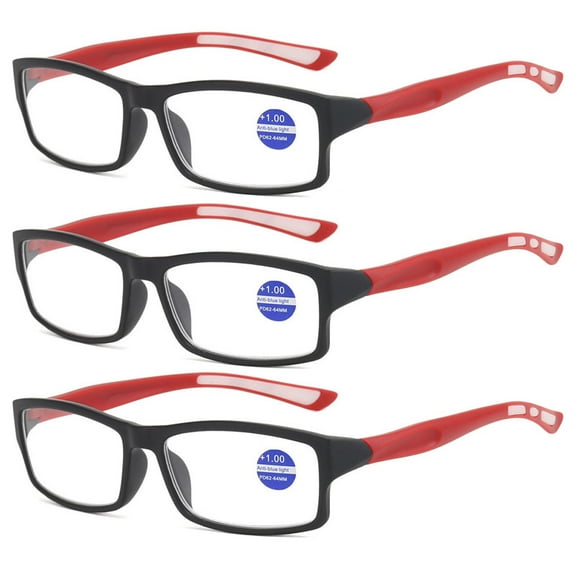 3 Pack Mens Rimmed Sport Reading Glasses  2.0, Womens Blue Light Blocking Plastic Black Frame Red Temple Readers 2.0