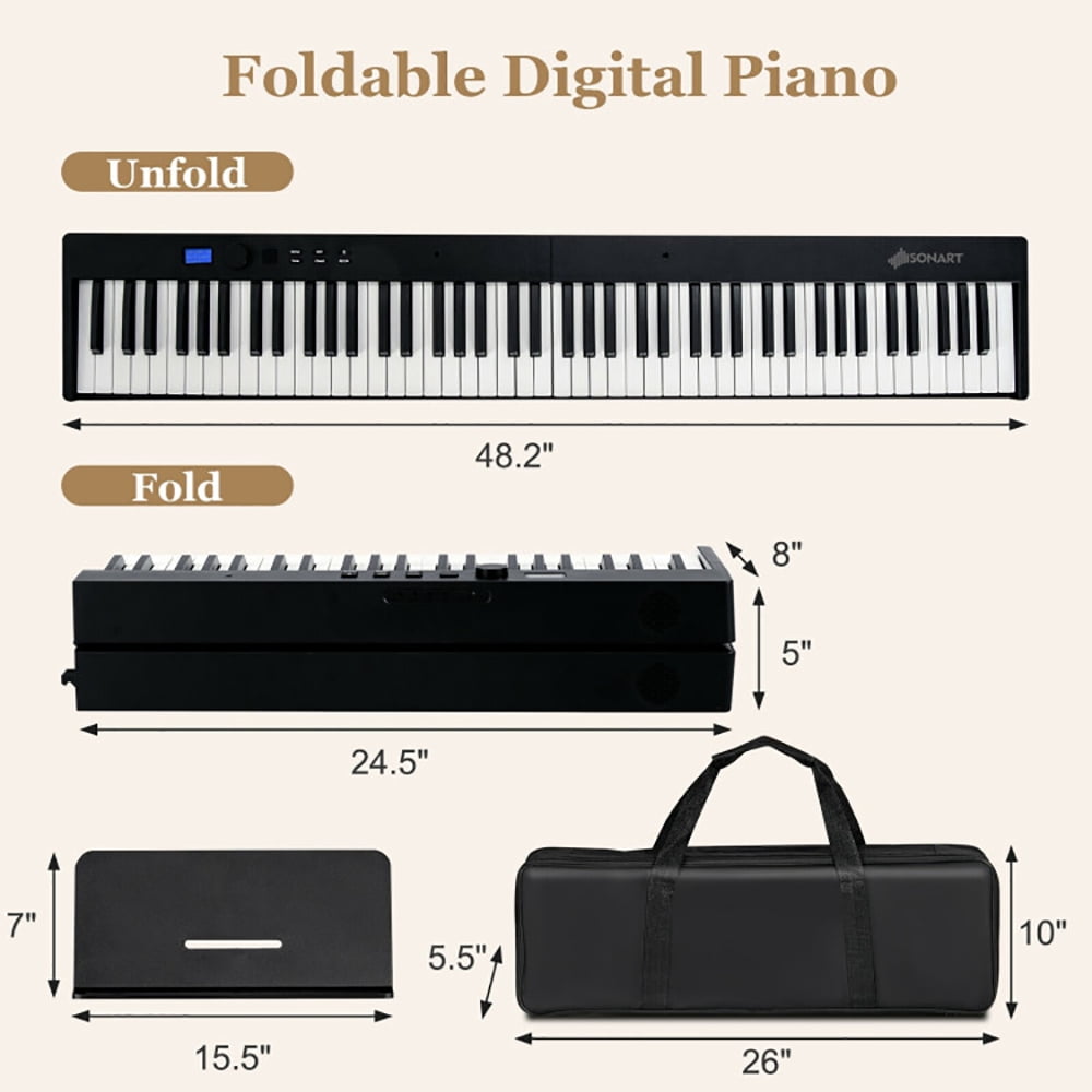 Spaco 88-Key Foldable Digital Piano, Digital Piano with MIDI and Wireless BT, Christmas Birthday Gift for Boy and Girl 3-8 Years Old, Black