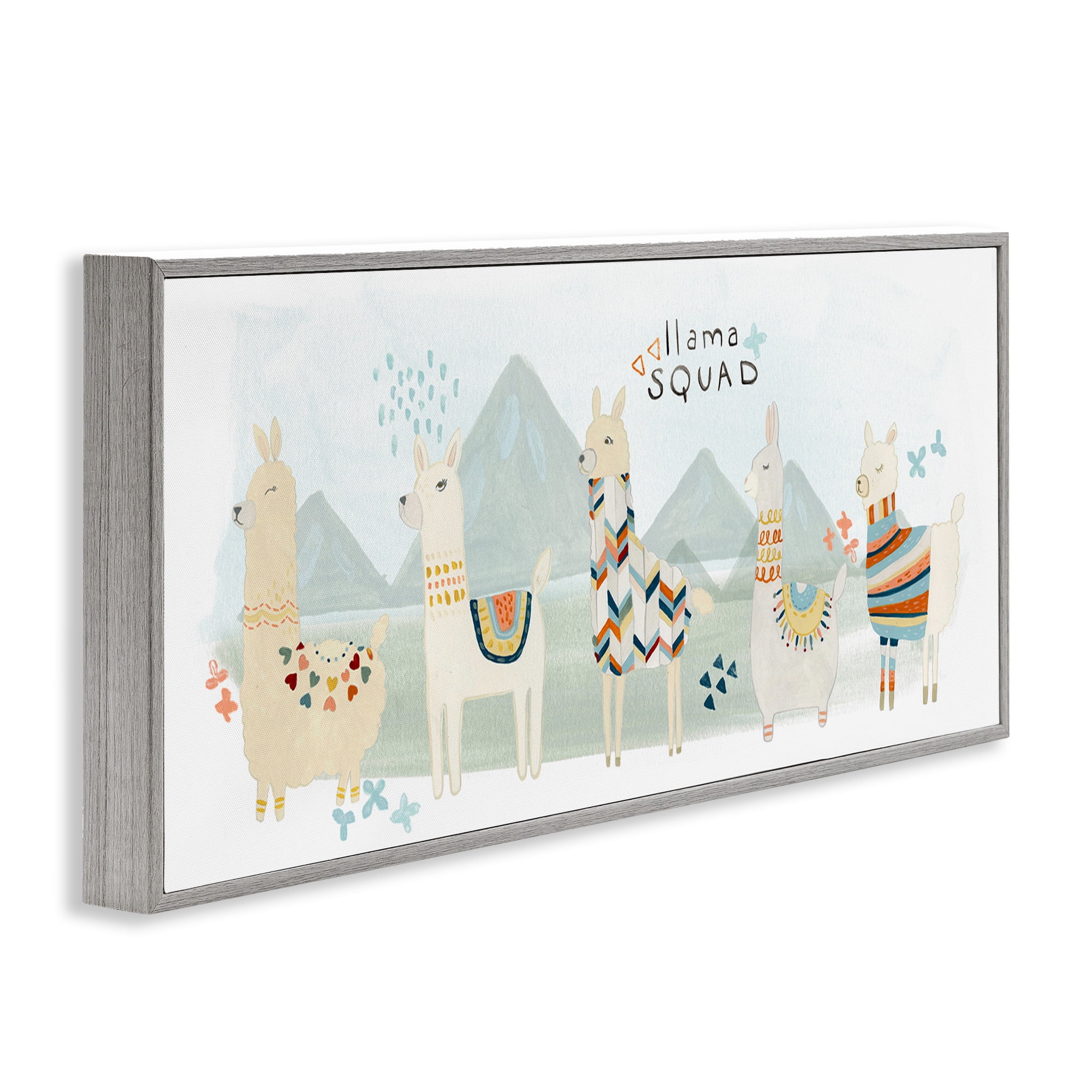 Stupell Industries Llama Squad Whimsical Patterns Animals & Insects Painting Gray Framed Art Print Wall Art, 30 x 13