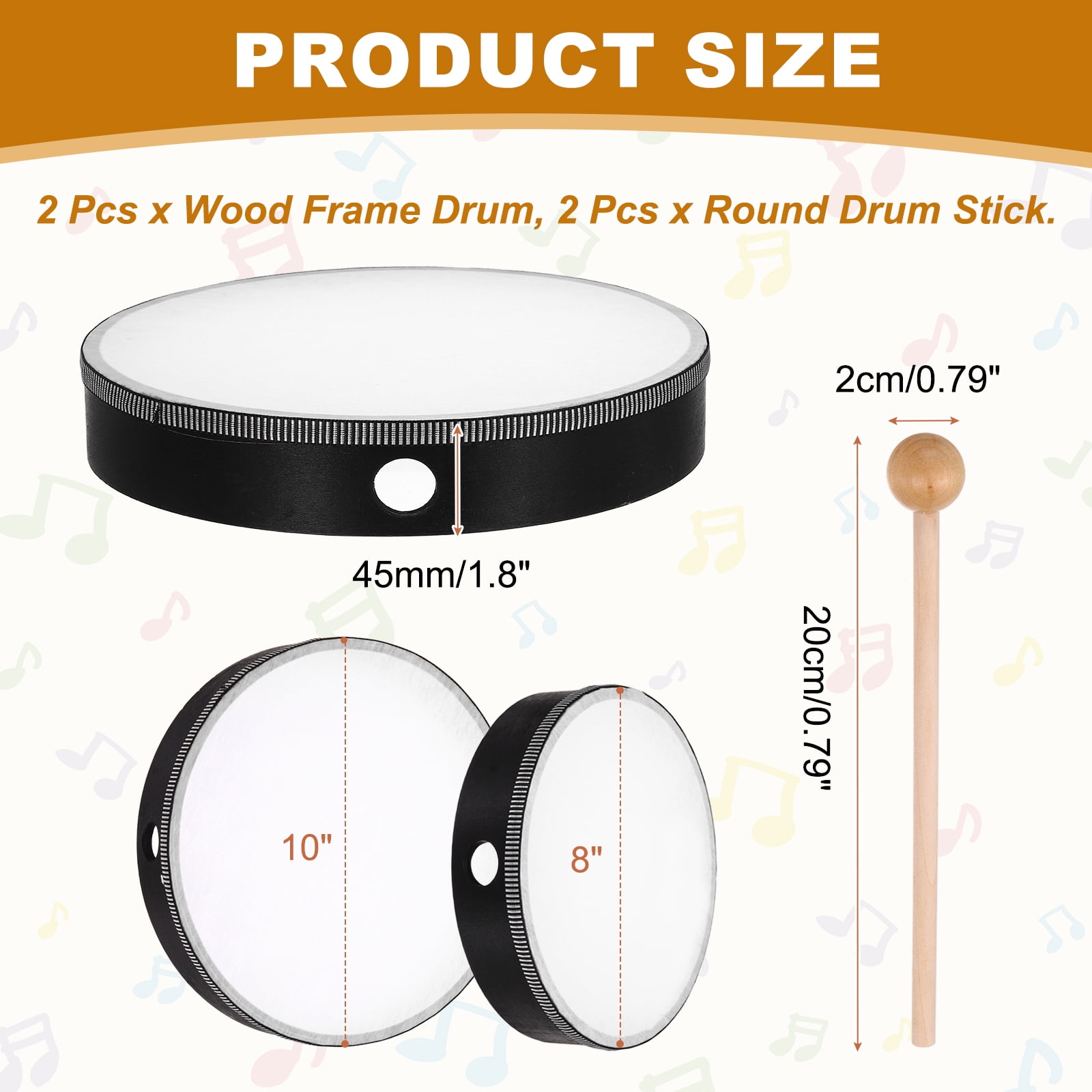 Uxcell 2 Pcs Hand Drum Music Percussion 10 Inch & 8 Inch Wood Frame Drum Set with Drum Stick Musical Instrument for Musical Education Home Party Performance Supplies (Black)