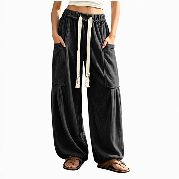 COMVALUE Women's Baggy Wide Leg Pants Casual Drawstring Harem Pants Bohemian Trousers with Big Pockets (Black, 3XL)