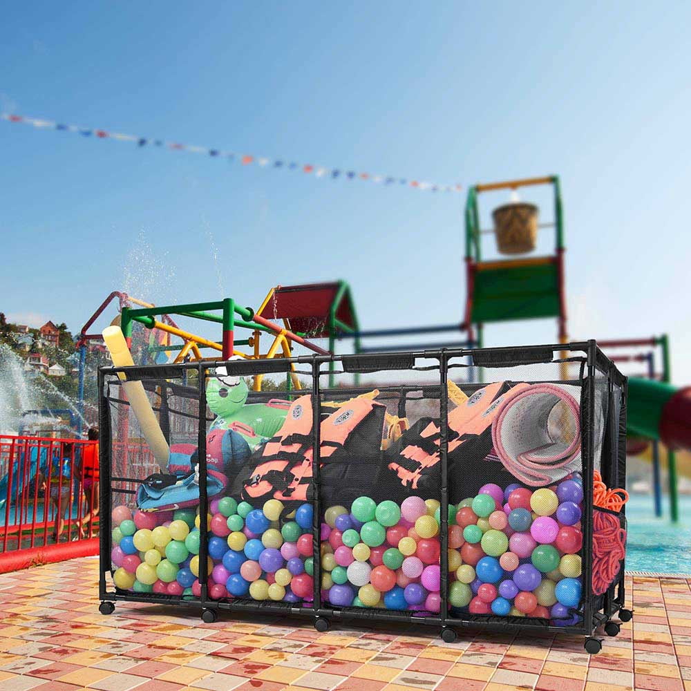 Yescom 65" XXX-Large Metal Frame Pool Toy Organizer – Heavy-Duty Rolling Mesh Bin with 12-Wheel Stability System in Black