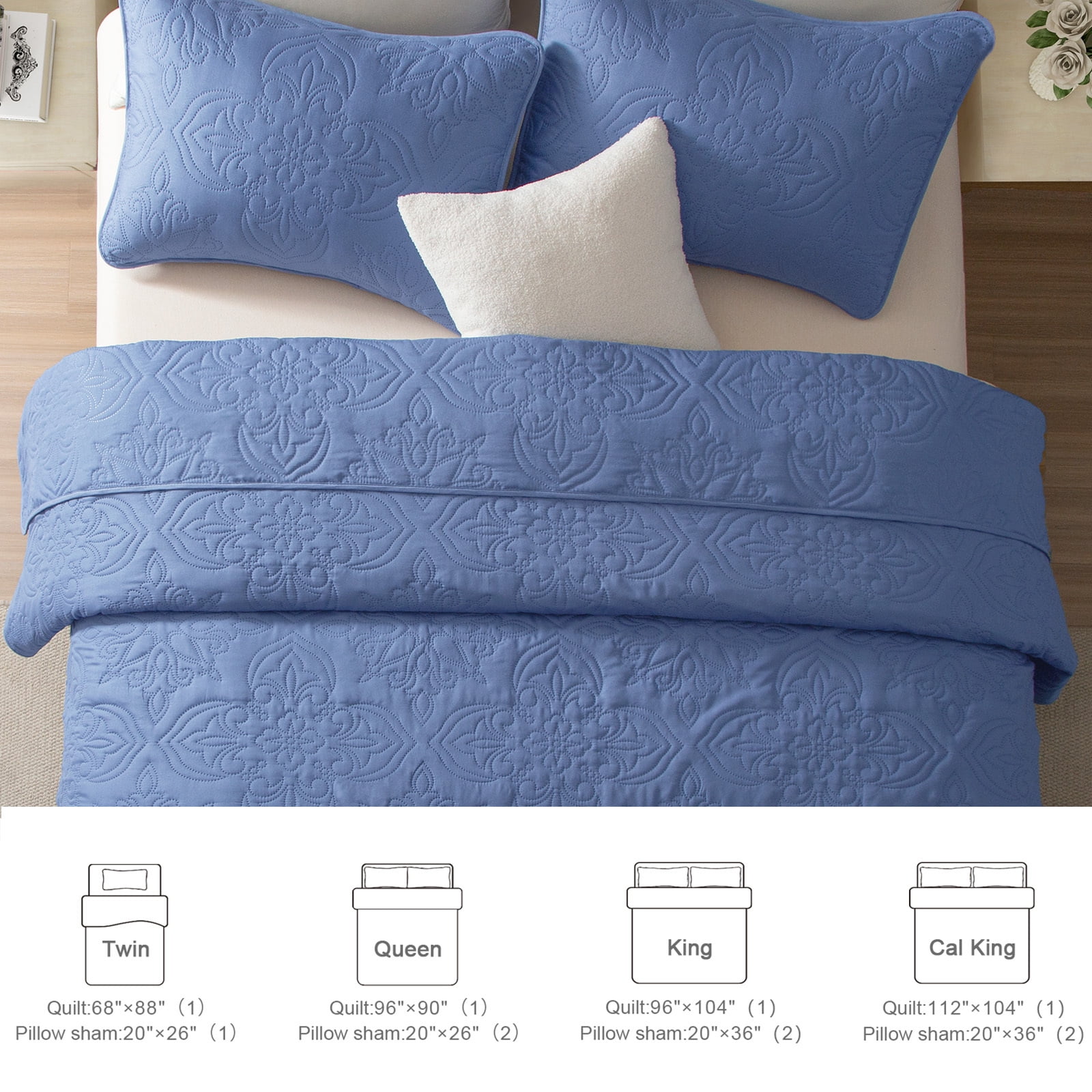 Whale Flotilla Soft King Quilt Bedding Set for All Seasons, Elegant Vintage Damask Ultrasonic Quilts Set, Lightweight Reversible Bedspread, Coverlet, Bed Cover with 2 Pillow Shams, Bluish Grey