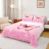 Homewish Flying Butterfly 4-Piece Full Size Sheets For Children Teens Female,Bling Leopard Print Bed Sheets,Pink Glitter Lightweight Sheet Sets,Microfiber Bedroom Decor