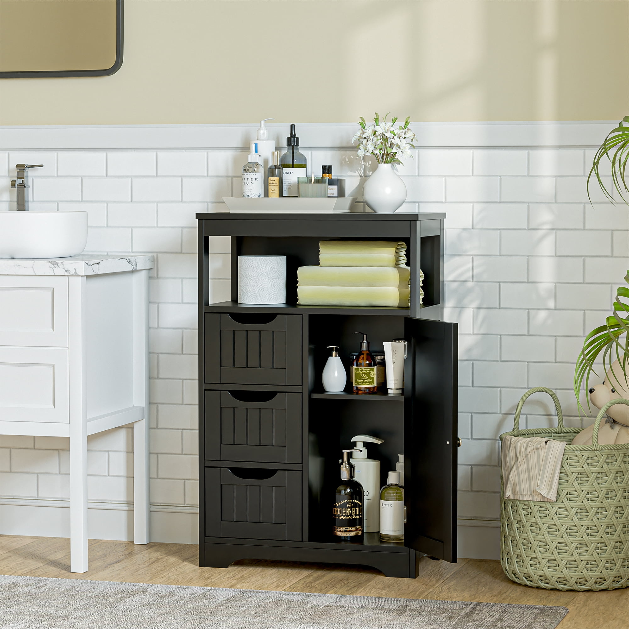 HomGarden Bathroom Floor Storage Cabinet Modern Wooden Kitchen Cupboard W/Adjustable Shelf & 3 Drawers, Black
