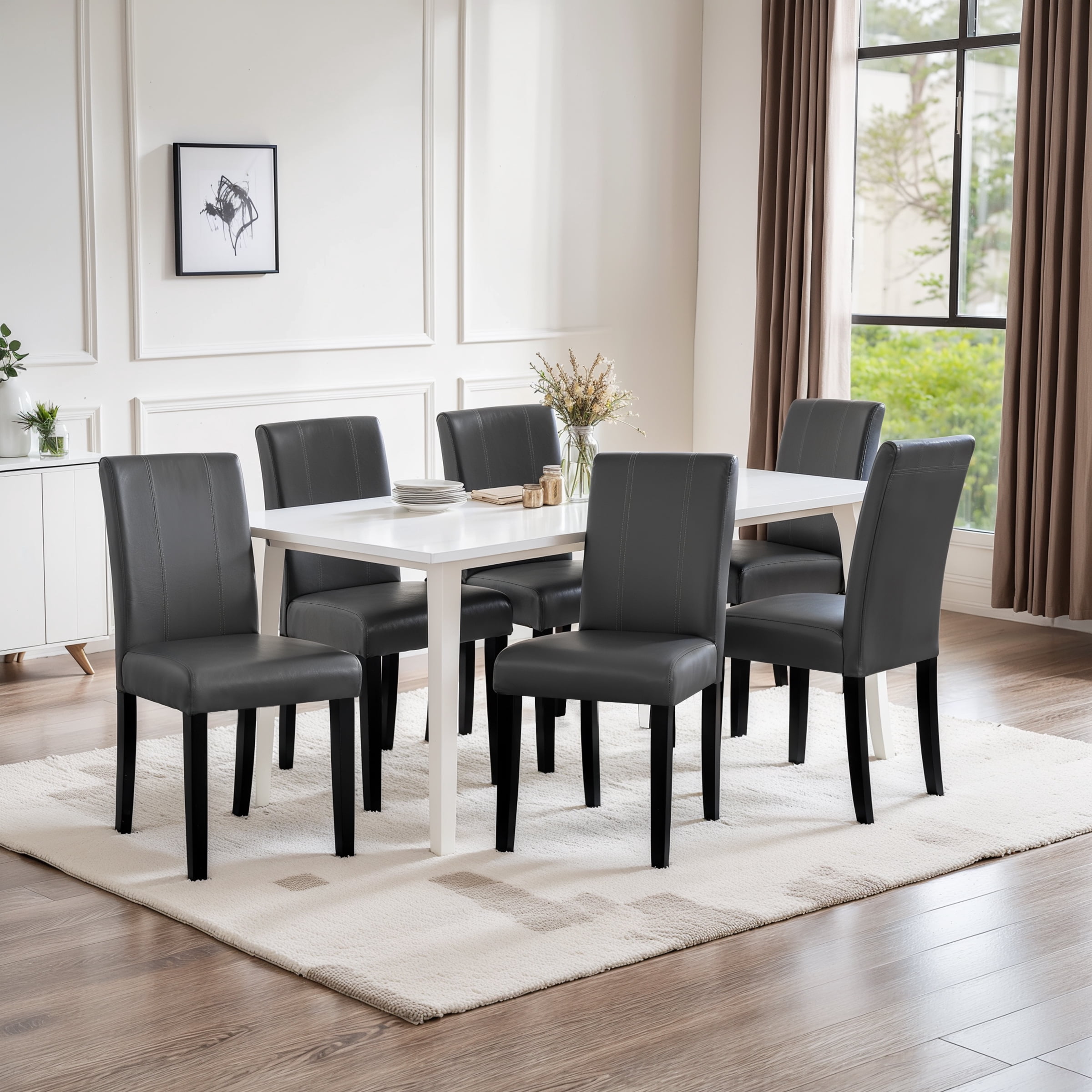 Subrtex Modern Parsons Faux Leather Dining Chairs Set of 6 Upholstered Dining Chairs– Gray