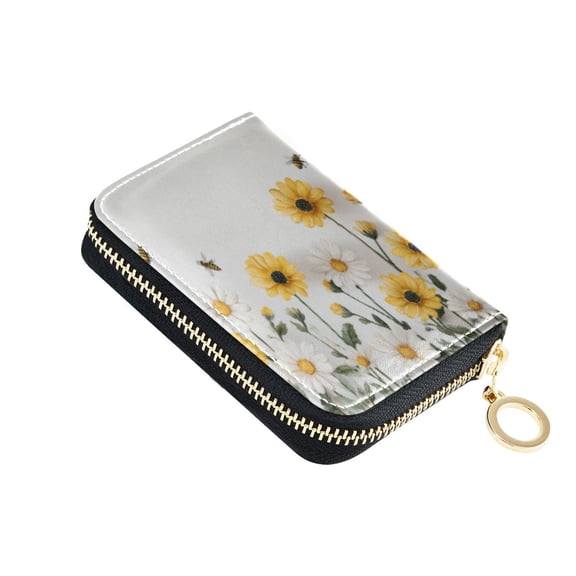 PU Leather Zip Card Holder Women's Card Case Zipper Card Case Compact & Lightweight Bees Flying with Daisies