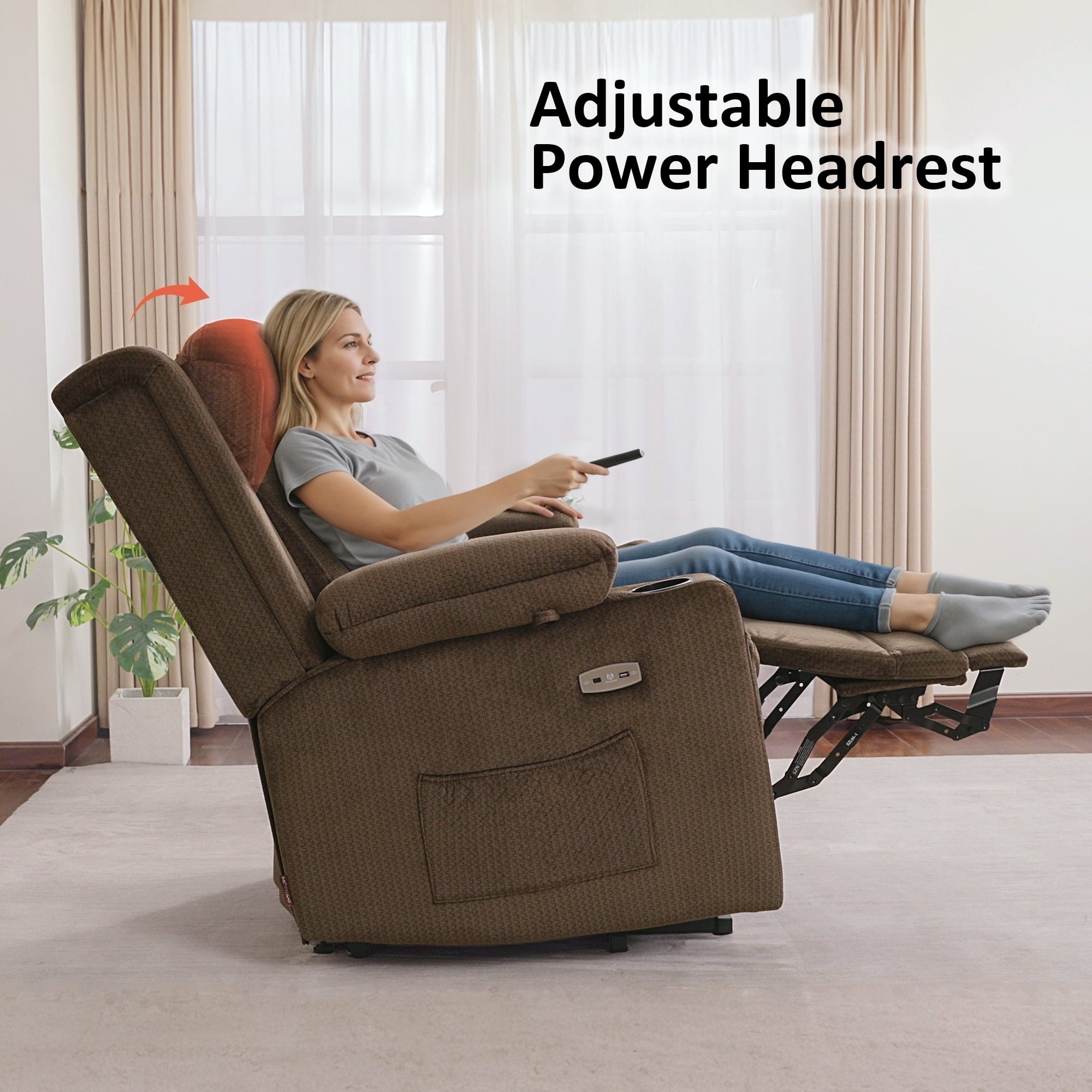 MCombo Lay Flat Triple Motor Power Lift Recliner for Big and Tall, Adjustable Headrest, Fabric(Brown)