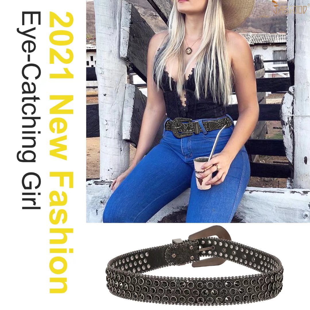 LEACOOLKEY Men Women Rhinestone Leather Belt for Jeans Dress Western Cowboy  Shiny Crystal Studded Design Belt Plus Size at  Women's Clothing store