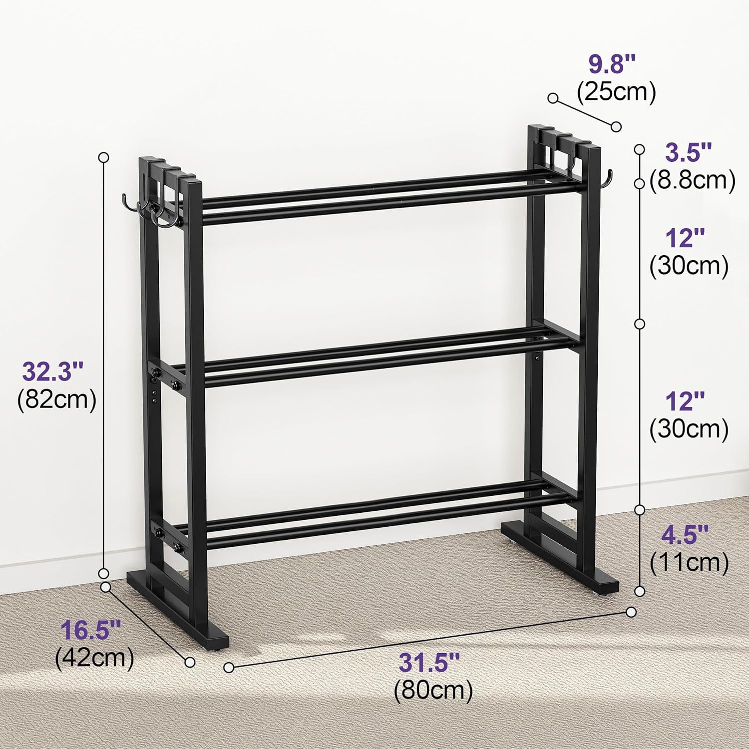 3 Tier Dumbbell Rack Only+Adjustable Extended Base + Hooks, 450 lb Capacity Space-Saving Weight Storage for Home Gym Fitness Equipment