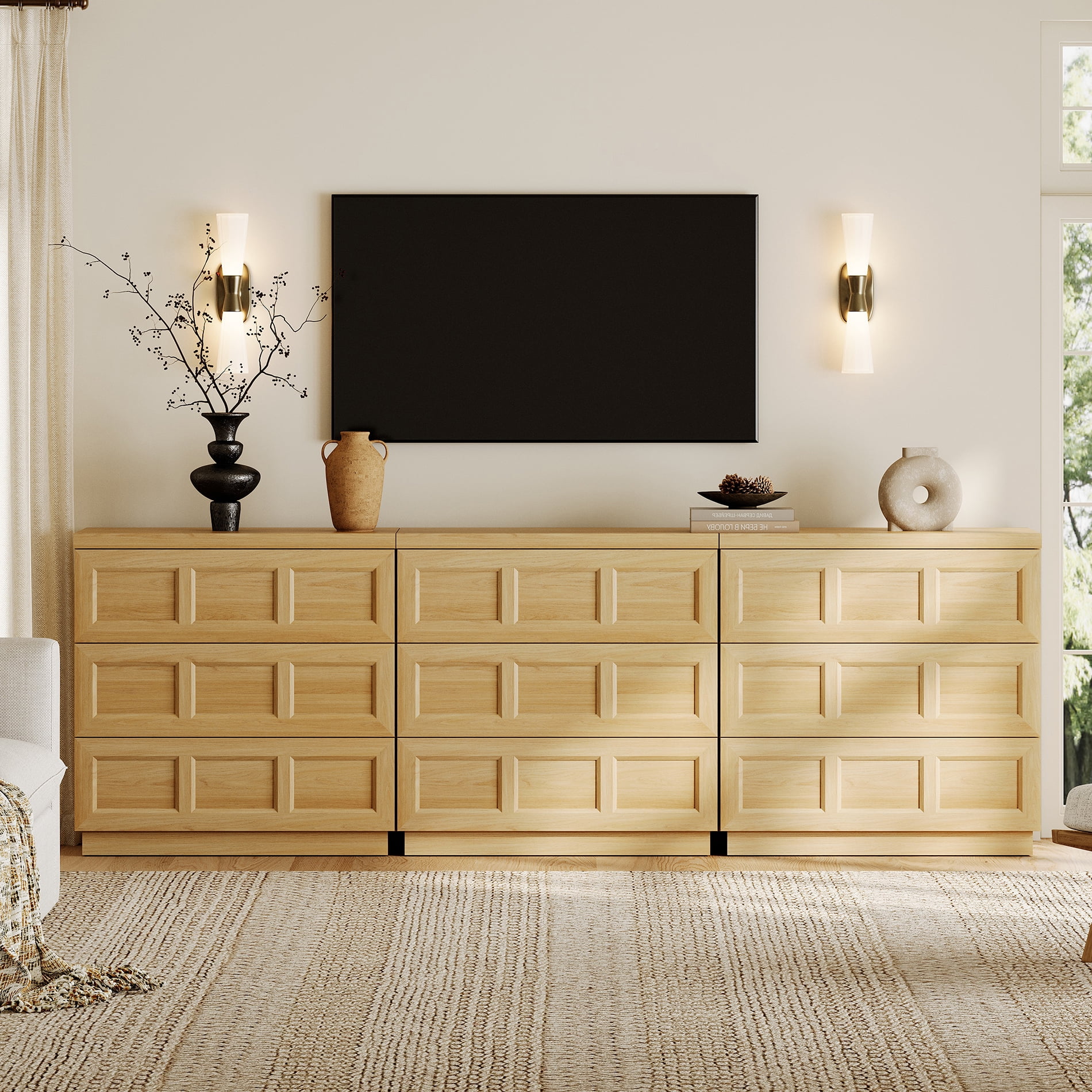 HOMOOI 9-Drawer TV Stand for 70-100" TV, Boho 3 in 1 Thickened Wood Media Console With Smooth Silent Gliding Drawers, Anti-Wobble Stable Entertainment Center for Living Room,Oak