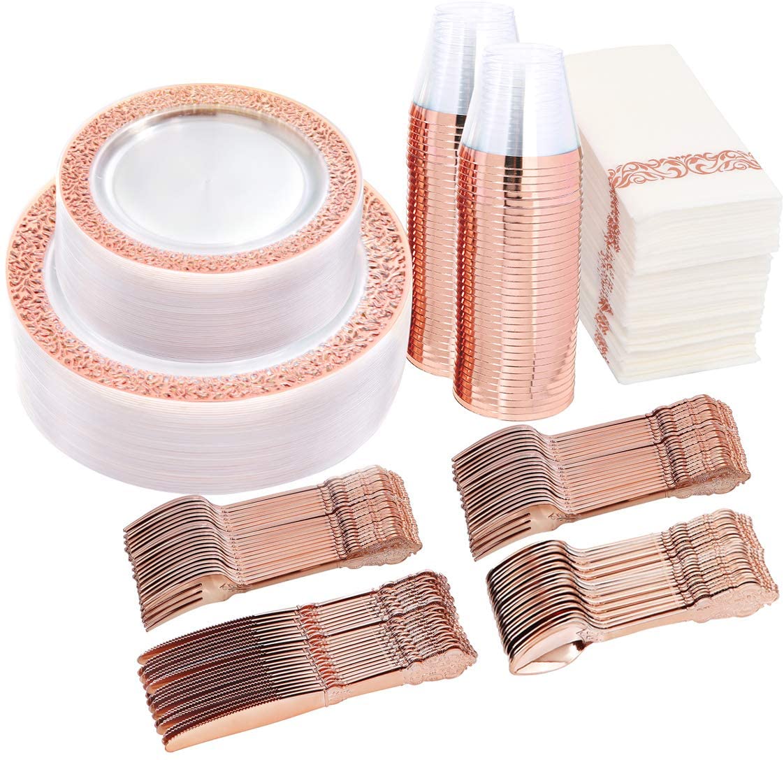 350 Pieces Rose Gold Dinnerware Set 100 Clear Rose Gold Lace Plastic Plates 150 Rose Gold
