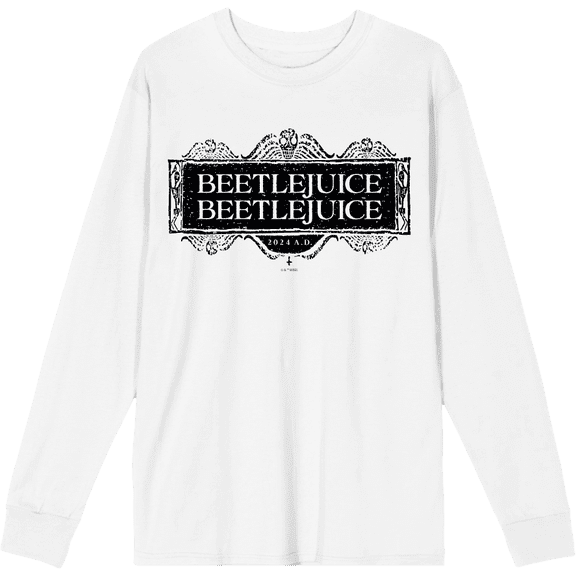 Beetlejuice Beetlejuice Black Sign Logo Adult White Crew Neck Long Sleeve Shirt-Large