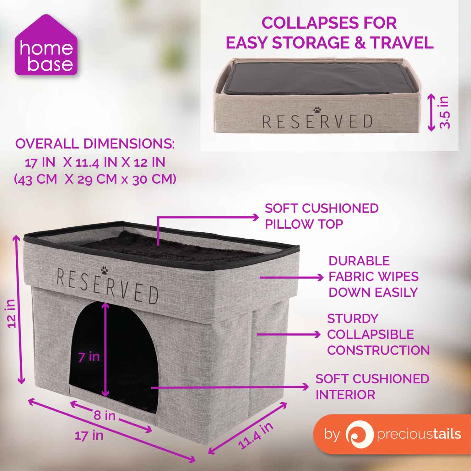 Precious Tails HomeBase Rectangular 2-Tier Collapsible Pet Cat Cave Bed, Item Weight 4 lb