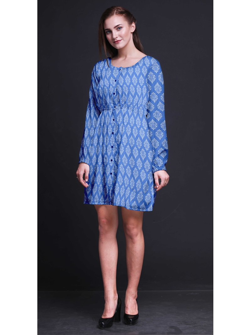 midi blue damask dress Bimba Blue Stencil Damask Printed Relaxed Fit Women Long Sleeve Button Down Midi  Dress-XXX-Large