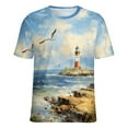thumbnail image 5 of Lighthouse Sunrise Coast Scenery Pale Blue Tan Women's T-Shirt Short Sleeve T Shirts Tops Tee Ladies Loose T, 5 of 6