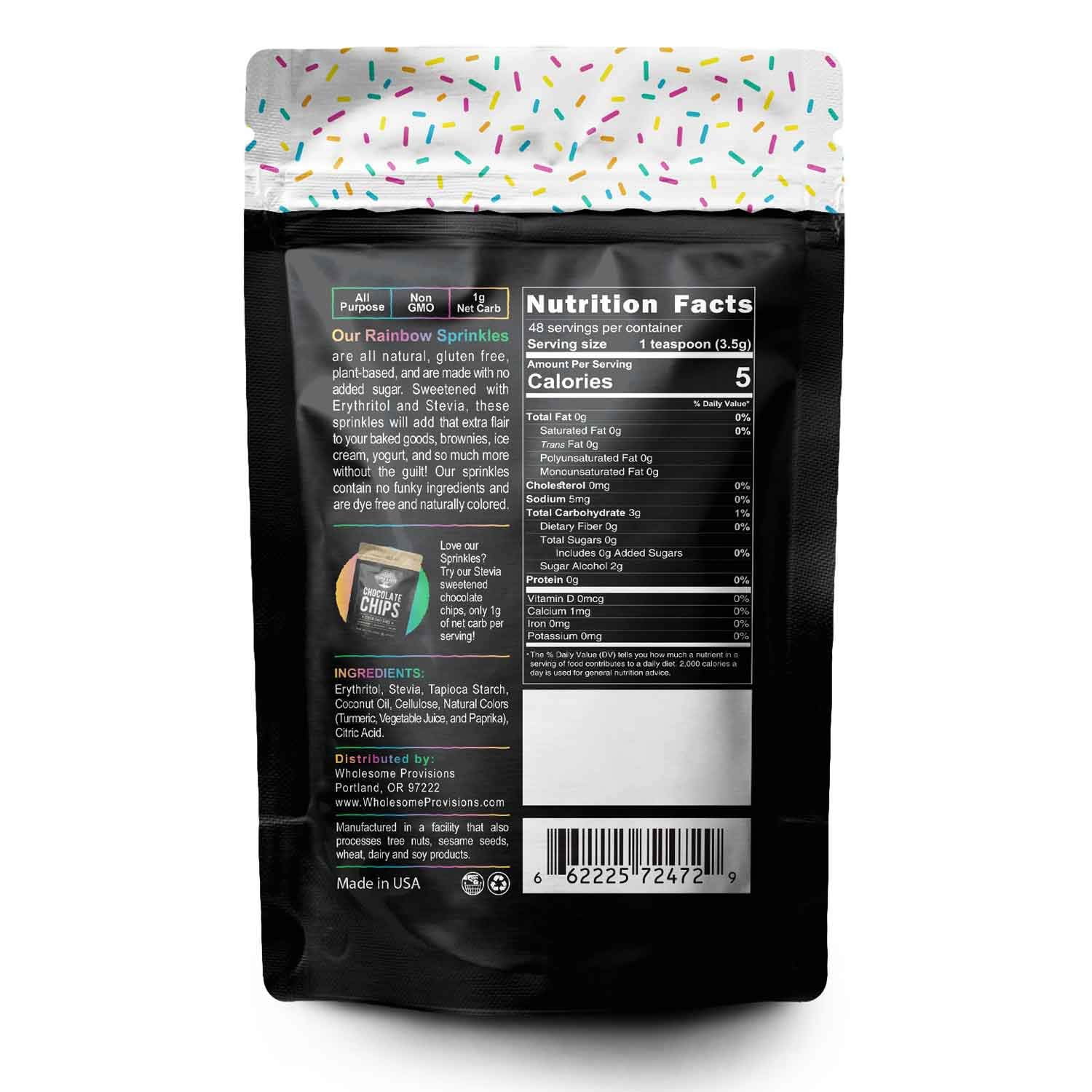 Keto Sprinkles, Sugar Free Sprinkles, 1g Net Carb, Large Value Size Bag, 6 oz, Non-GMO, Dye Free, Plant-Based, Vegan, Gluten Free, All Natural, No Artificial Coloring(Rainbow, Single Package)