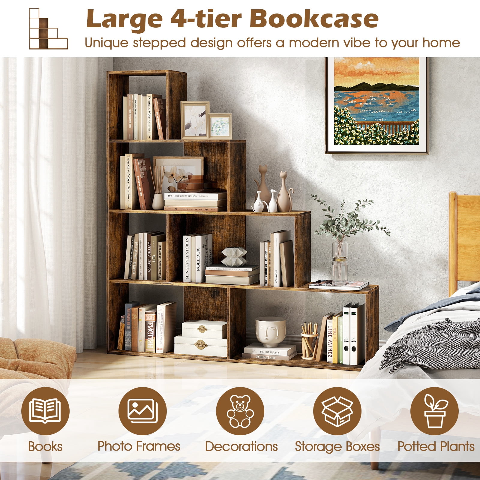 Costway 4-Tier Stepped Bookshelf with 6 Cubes, 64” Tall Organizer with Anti-Tipping Kits Rustic Brown