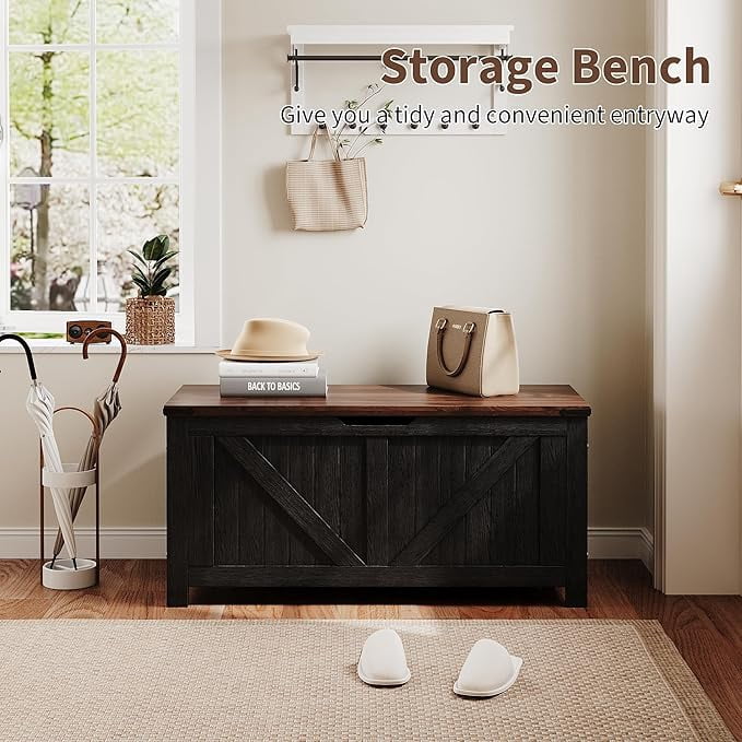 SOLLED 39.4" Retro Wooden Storage Bench & Chest, Lift-Top Trunk with Safety Hinges, Multifunctional Entryway Organizer & Toy Chest, Vintage Style for Living Room,White