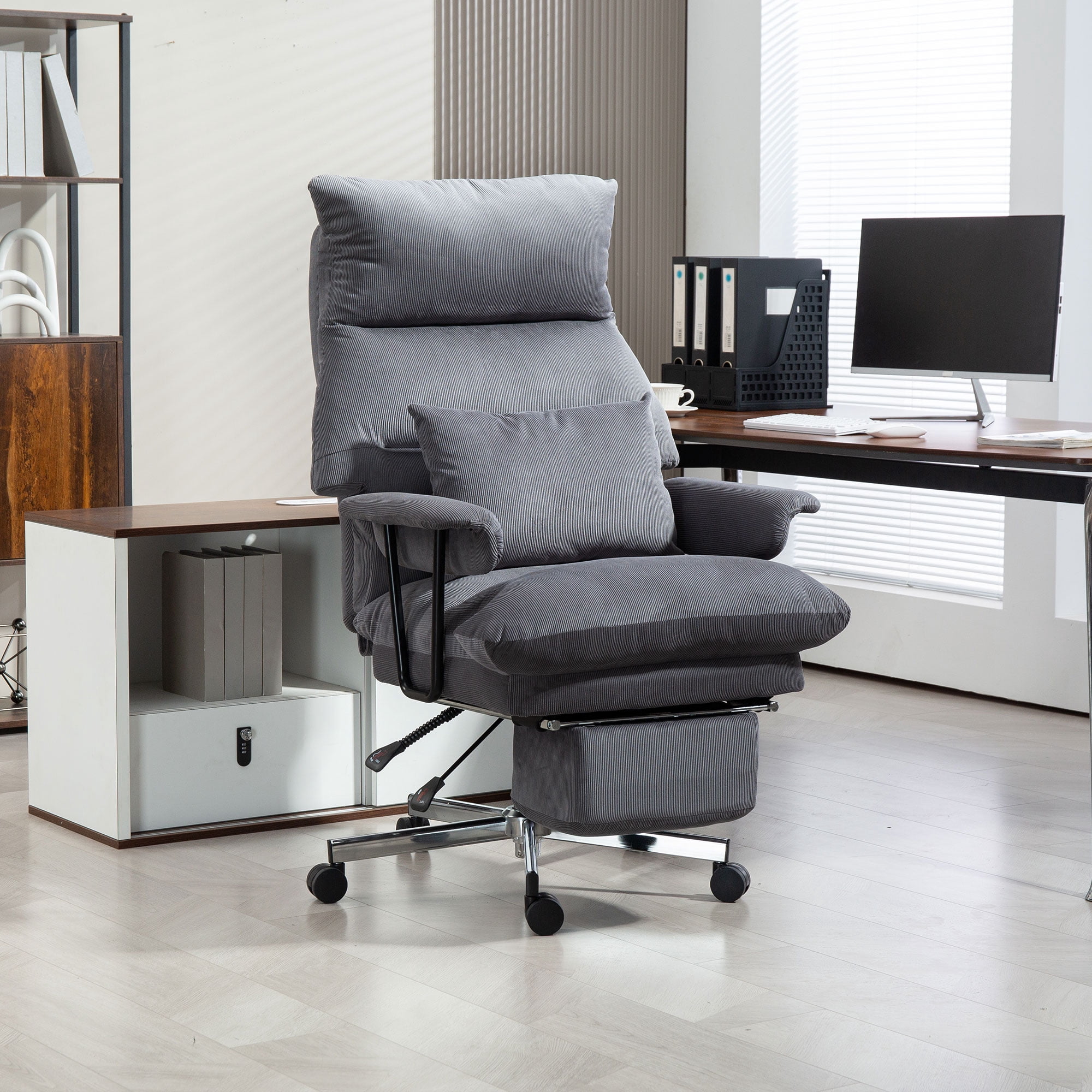 HOMCOM Large Office Chair, Reclining Desk Chair with Lumbar Support, Gray