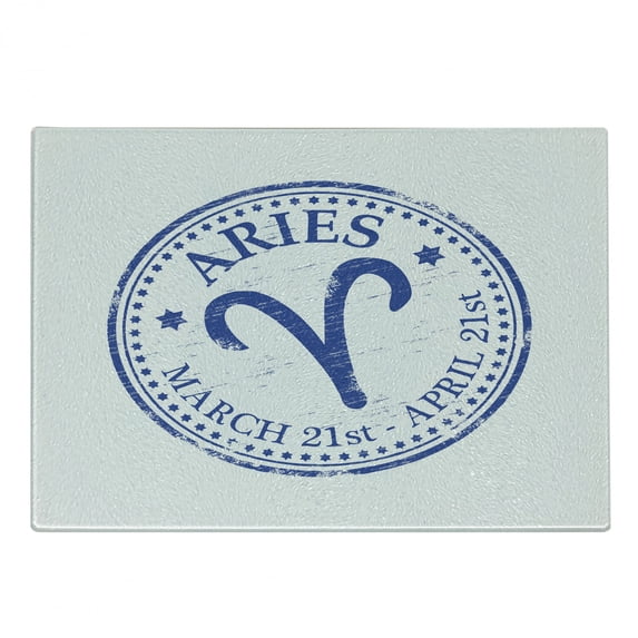 Zodiac Aries Cutting Board, Vintage Rubber Stamp Design with Horoscope Sign Stars and Dates, Decorative Tempered Glass Cutting and Serving Board, Small Size, Royal Blue and White, by Ambesonne