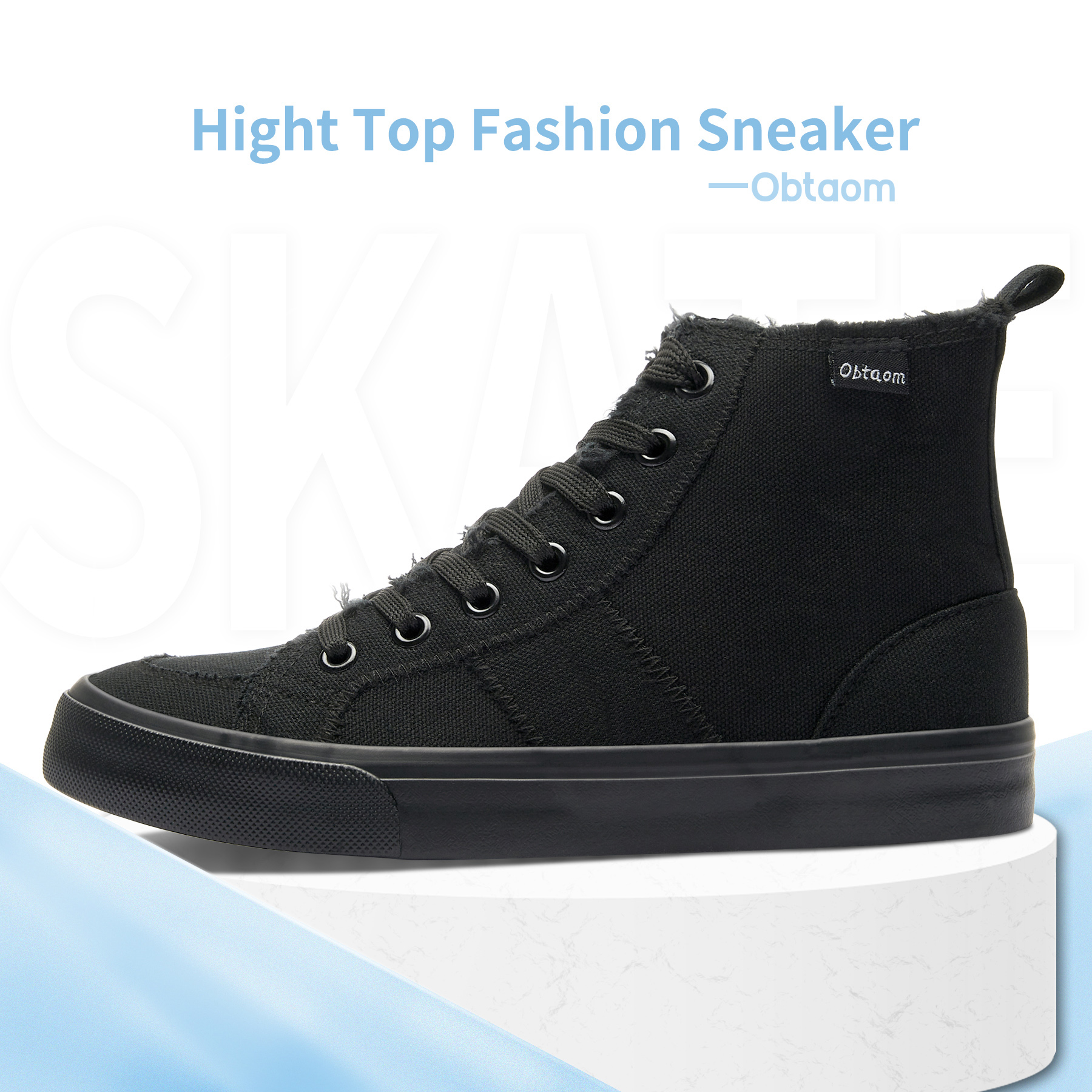Obtaom Women's High-Top Canvas Sneakers, All Black, Size 8 photo 3