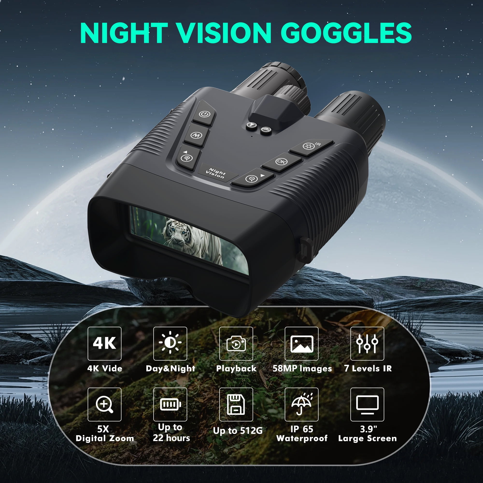 4K Night Vision Goggles, Infrared Night Vision Binoculars with HD Video and Photo Modes, 64GB Card, 10000mAh Battery, 3.99" HD Screen Binoculars for Adults Hunting Camping