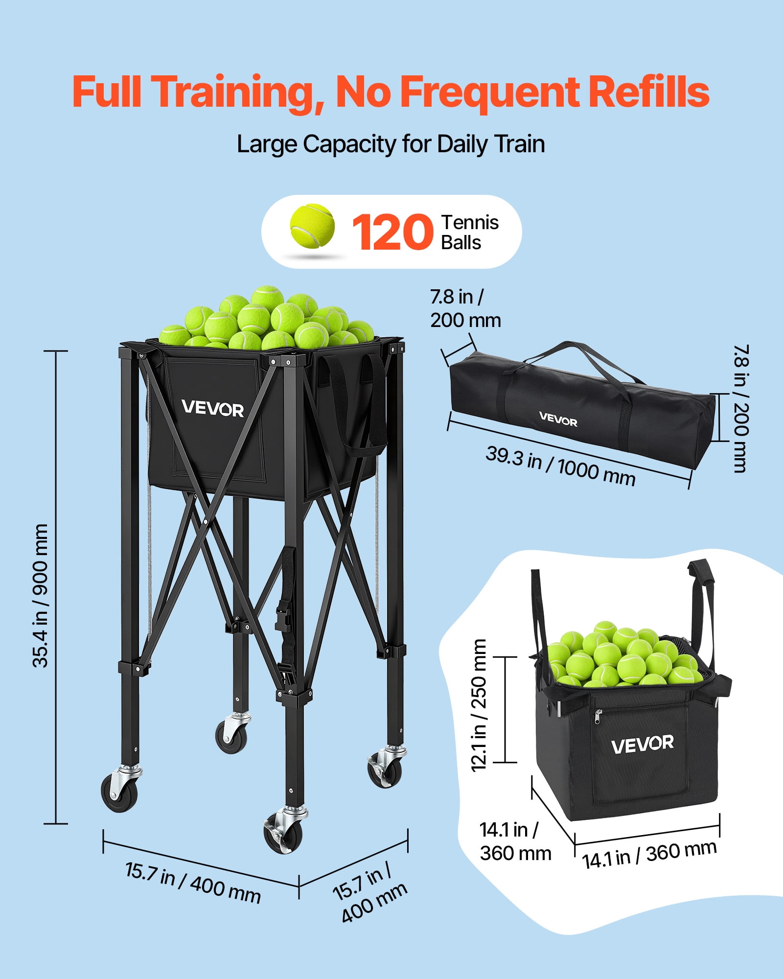 VEVOR Tennis Ball Hopper, Holds 120 Tennis Balls, Foldable Pickleball Basket Cart with Wheels for Easy Pick Up, Lightweight Aluminum Alloy, Portable Pickleball Caddy with Storage Bag, for Training