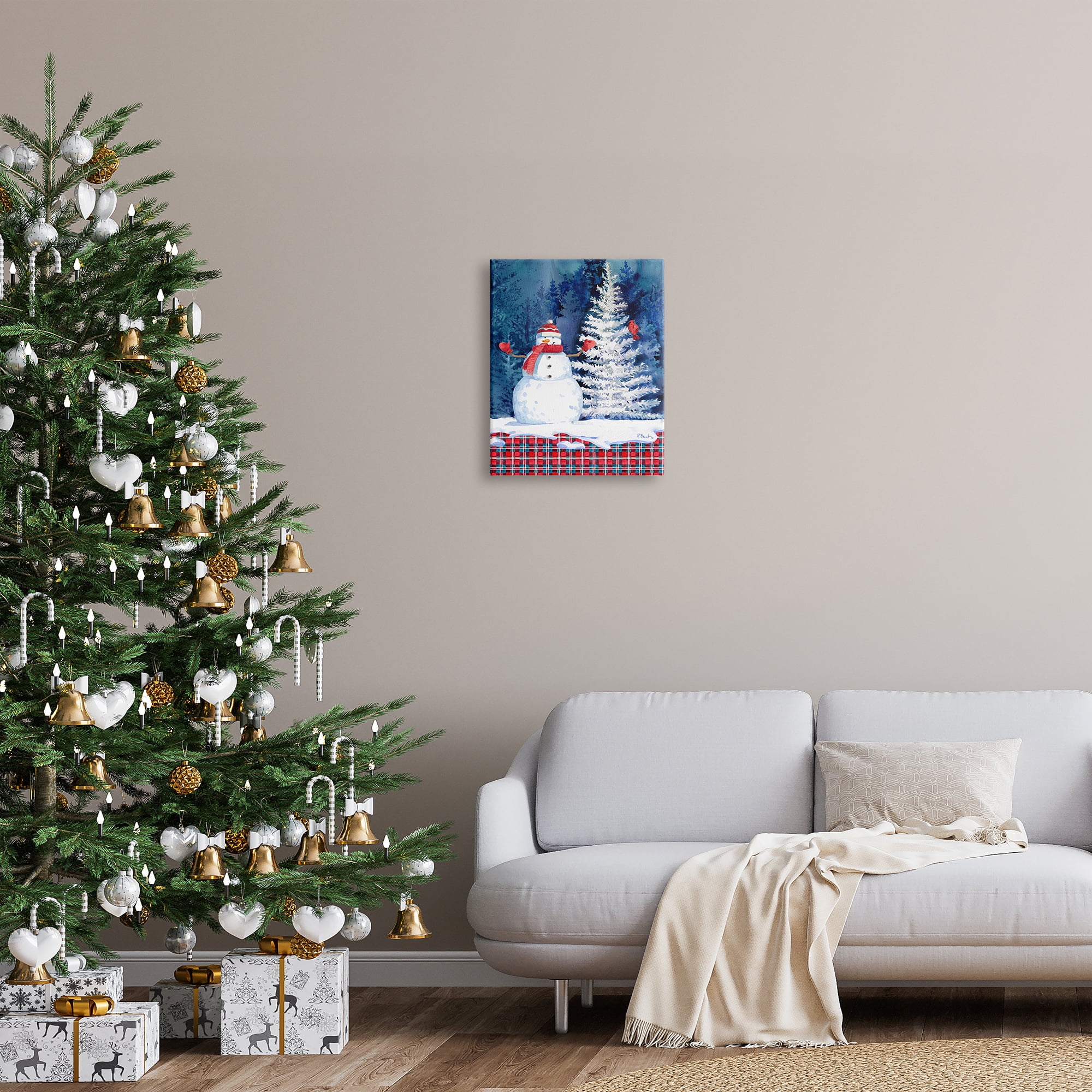 Stupell Industries Winter Snowman on Plaid Holiday Painting Gallery Wrapped Canvas Print Wall Art, 16 x 20