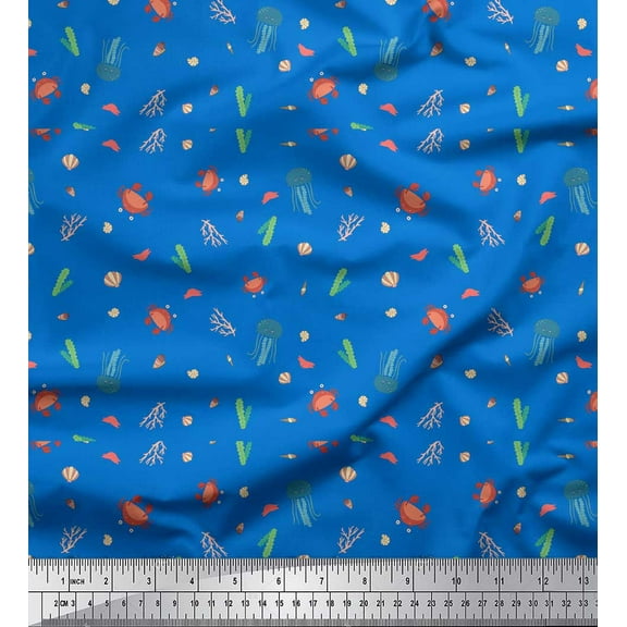 Soimoi Blue Cotton Duck Fabric Crab & Jellyfish Ocean Decor Fabric Printed Yard 42 Inch Wide
