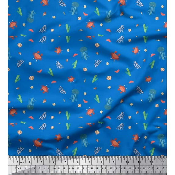 Soimoi Blue Cotton Jersey Fabric Crab & Jellyfish Ocean Printed Craft Fabric by the Yard 58 Inch Wide