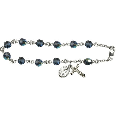 Swarovski Blue Bracelets - All Sterling Silver Catholic Rosary Bracelet with 6mm Metalic Blue Swarovski and Austrian Tin Cut Aurora Borealis Beads
