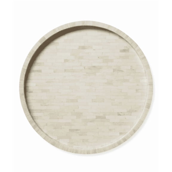 Bone Inlay Serving Tray – Monochromatic Ivory Off-White, Round Shape with Seamless Brick-like Pattern, Slightly Raised Edge, Perfect for Modern Decor