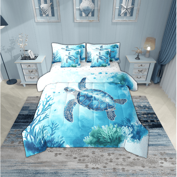 Erosebridal Blue Sea Turtle Bedding Sets Twin Size,Marine Animal Comforter Sets with Sheets,Breathable Bed in a Bag Twin size,Ocean Theme Decoration,7pcs