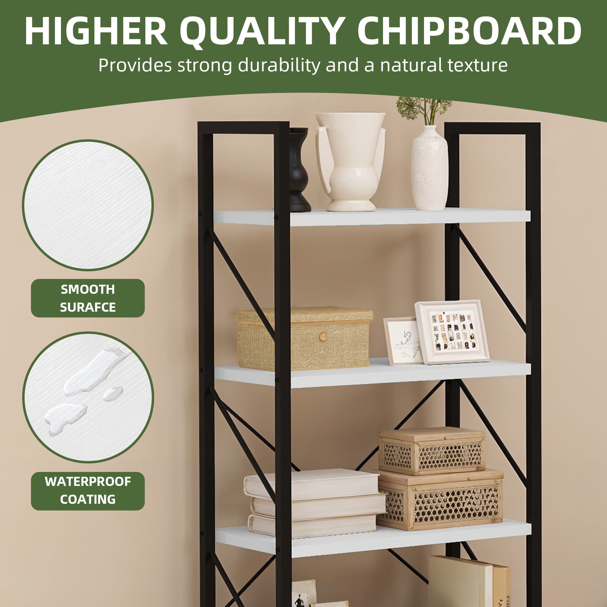 Uforic 5 Tier Bookshelf, Classically Home Office Bookcase Shelf Storage Organizer, Book Rack, White