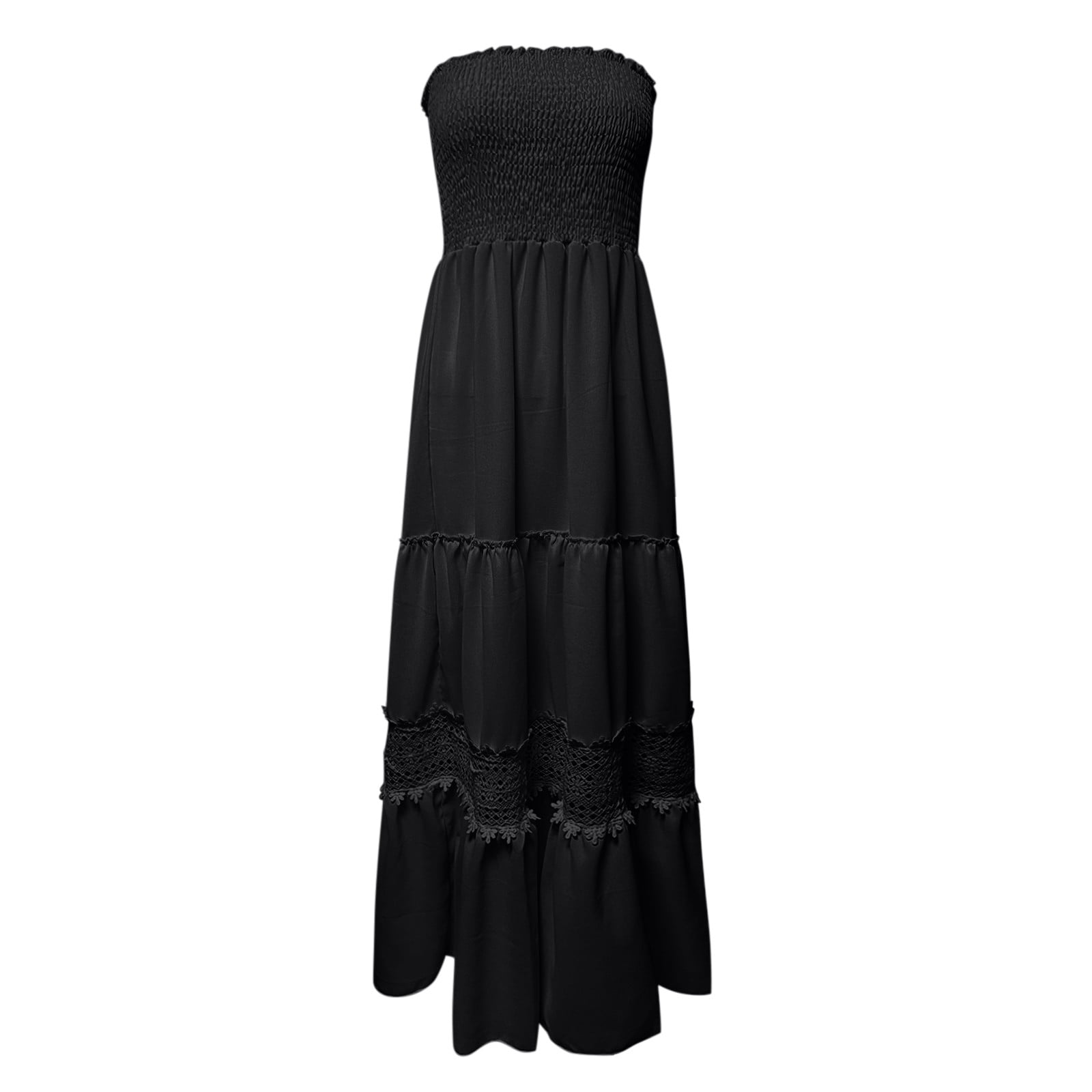 Womens Dresses Casual Summer Bohemian Strapless Off Shoulder Lace Trim Backless Flowy A Line Beach Long Maxi Dress