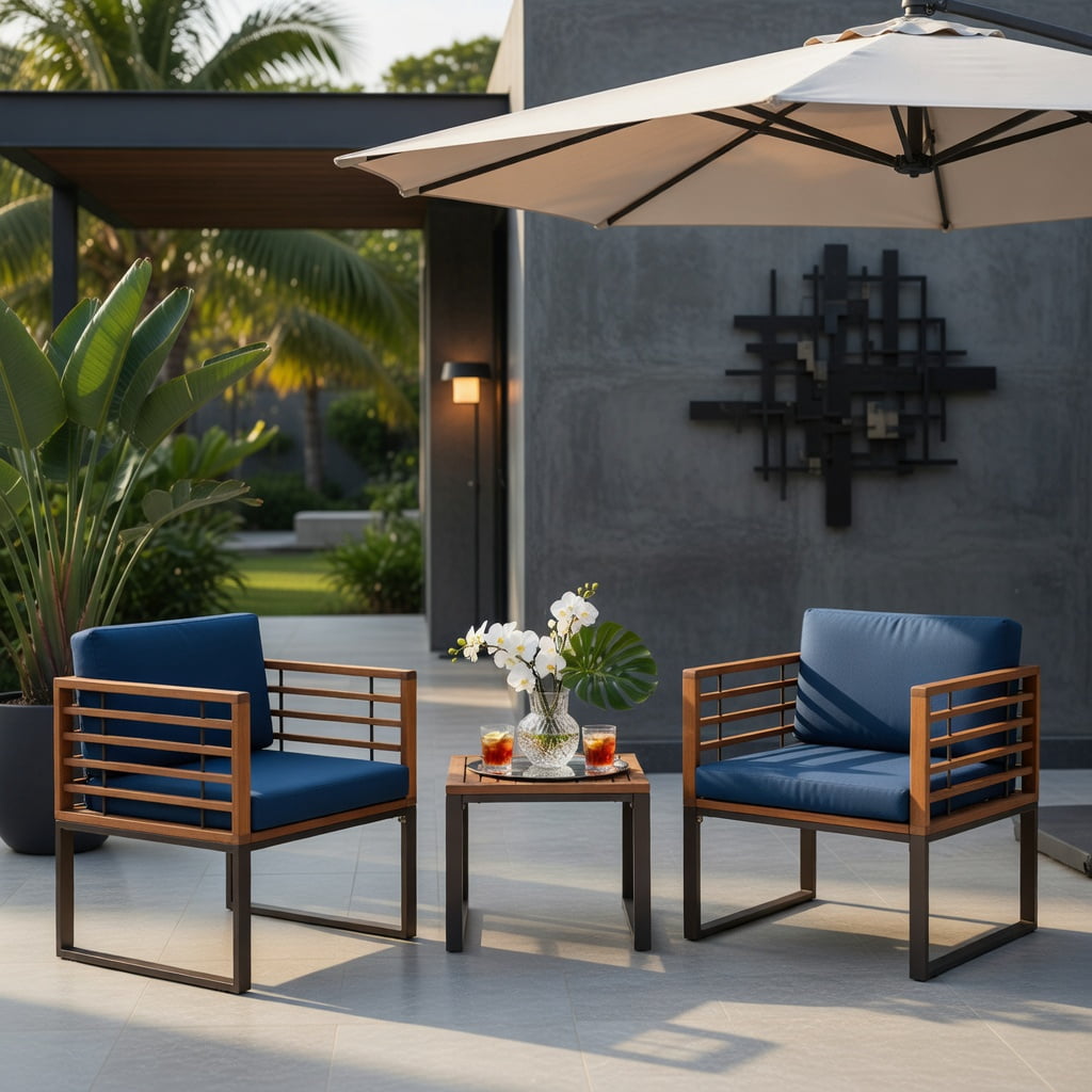 Hommoo 3-Piece Acacia Wood Patio Conversation Set with Cushioned Armchairs & Matching Coffee Table, Rust-Resistant Metal Frame, Removable Washable Covers, Ideal for Deck, Balcony & Porch, Navy