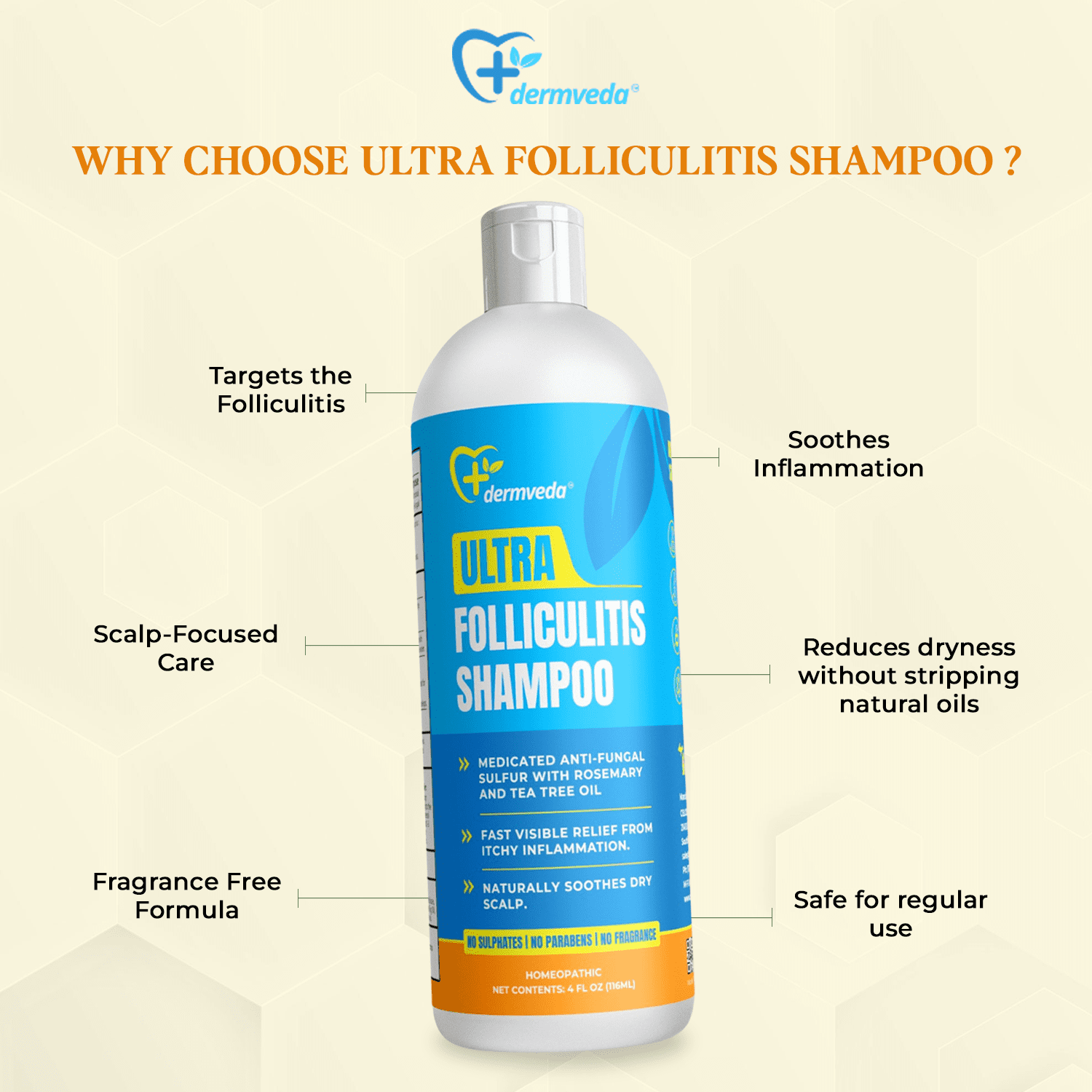Dermveda Folliculitis Shampoo with Sulfur 8X HPUS, Tea Tree