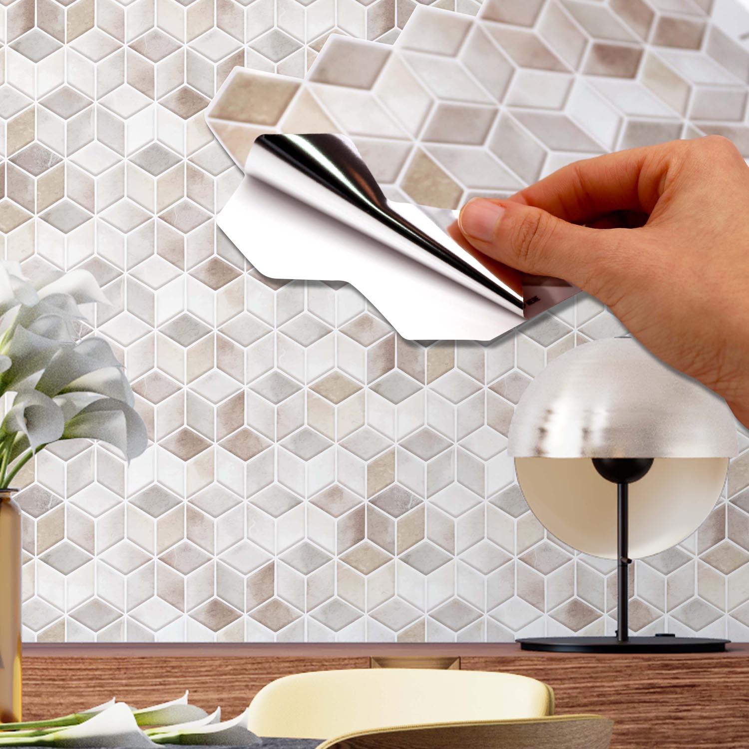 Walplus Peel and Stick Backsplash Beige Stone Hexacube Wall Tile Decals