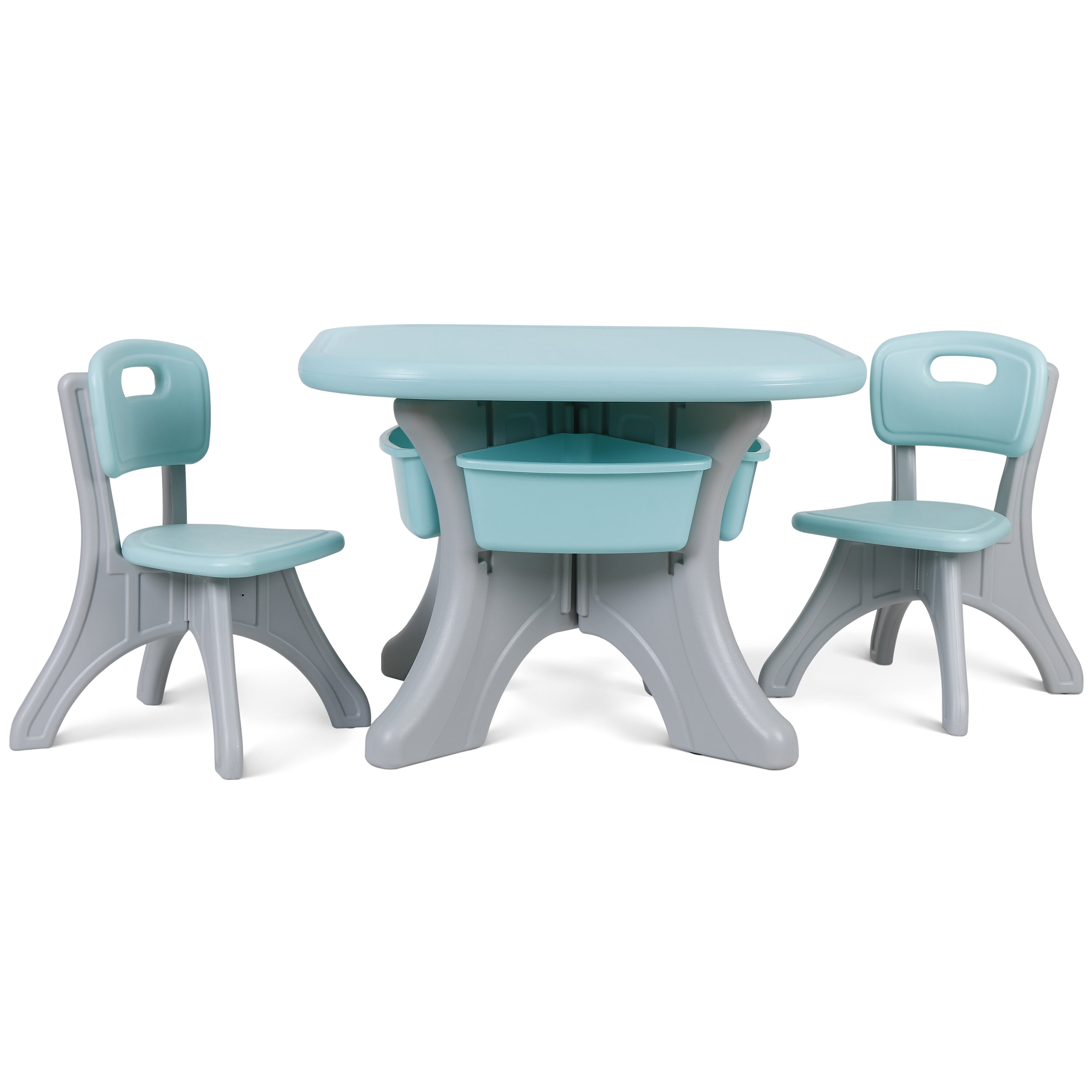 HomGarden Toddler Kids Table & 2 Chair Set 3Pcs Plastic Child Activity Table W/Storage Bins Blue