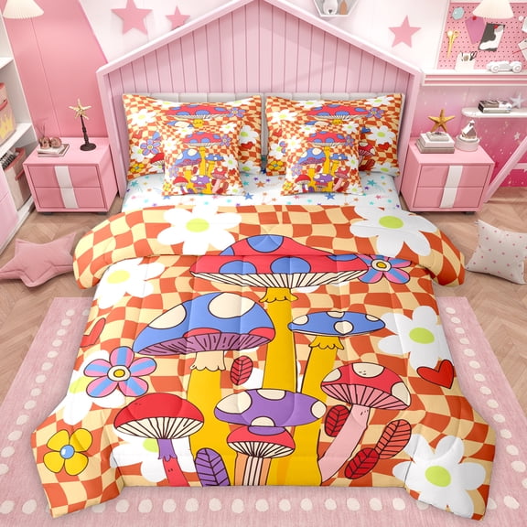 Homewish Kawaii Rainbow Mushroom 7-Piece Twin Bedding Sets,Cartoon Floral Daisy Bedding Comforter Set,Orange Plaid Sheet Sets For Girl Teens,Luxury Bedroom Decor Reversible