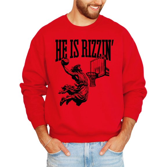 He is Rizzin Sweatshirt for Men Women Teens and Kids Funny Gen Z Jesus Basketball Sweater Red Sweatshirt Adult Large
