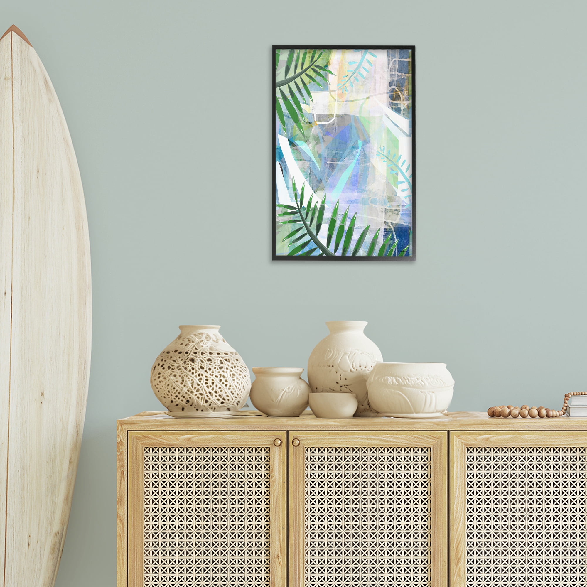 Stupell Industries Geometric Tropical Leaves Coastal Painting Black Framed Art Print Wall Art, 16 x 24