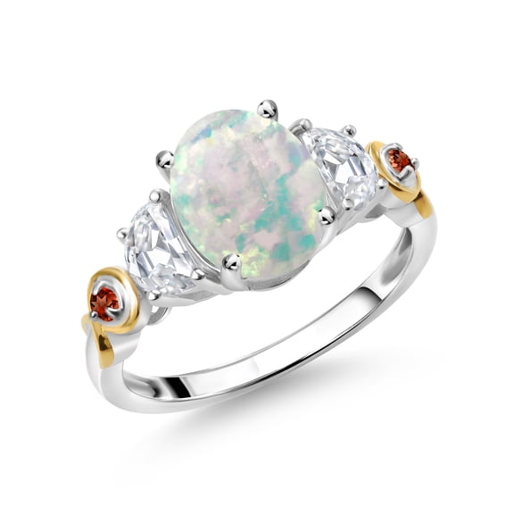 Gem Stone King 925 Silver and 10K Yellow Gold 3-Stone Ring 9X7mm Oval Shape Cabochon White Simulated Opal and Moissanite 1.53 Cttw (Size 9)