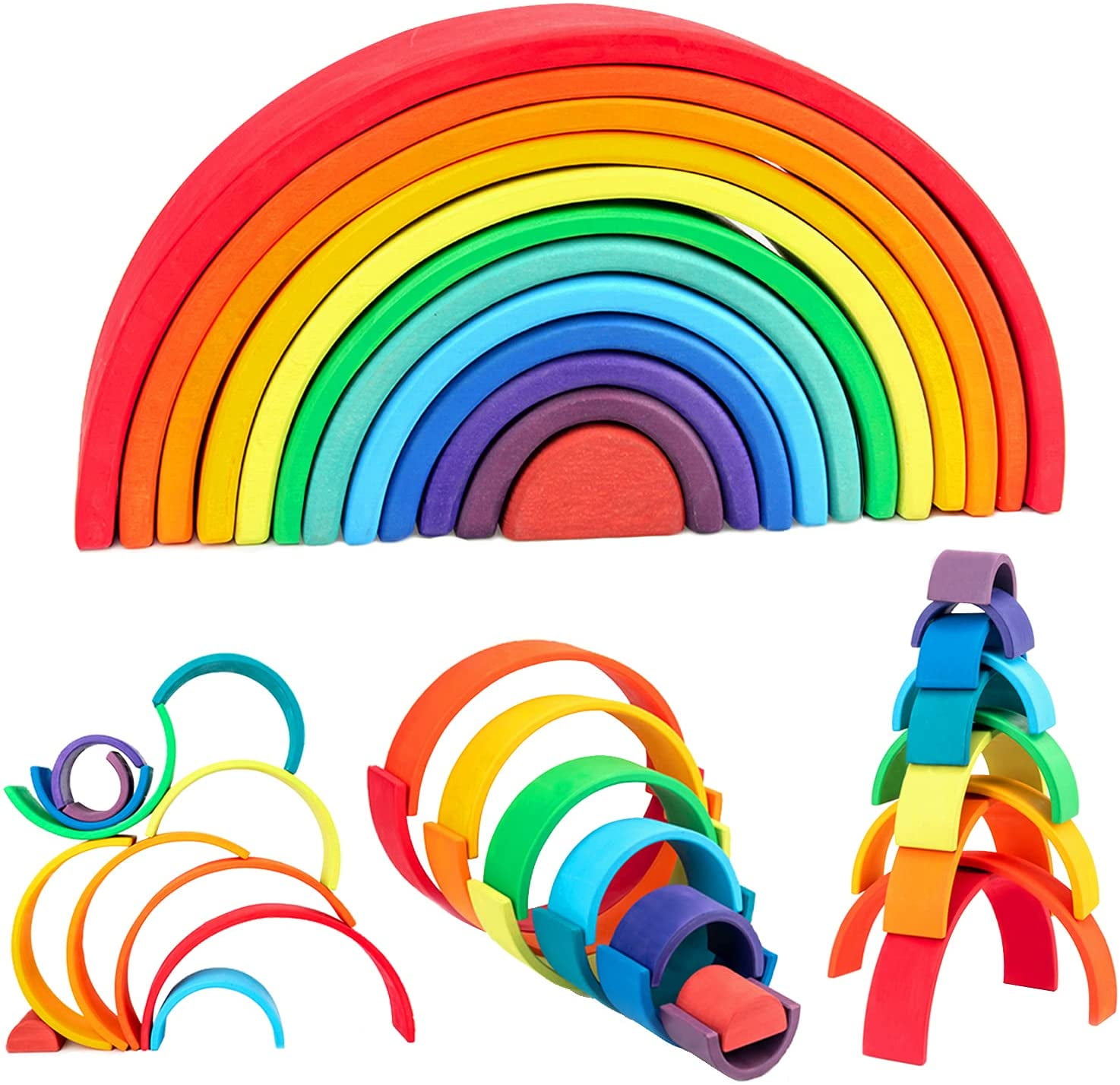 12Pieces Wooden Rainbow Blocks Rainbow Stacking Nesting Toys Kids Baby