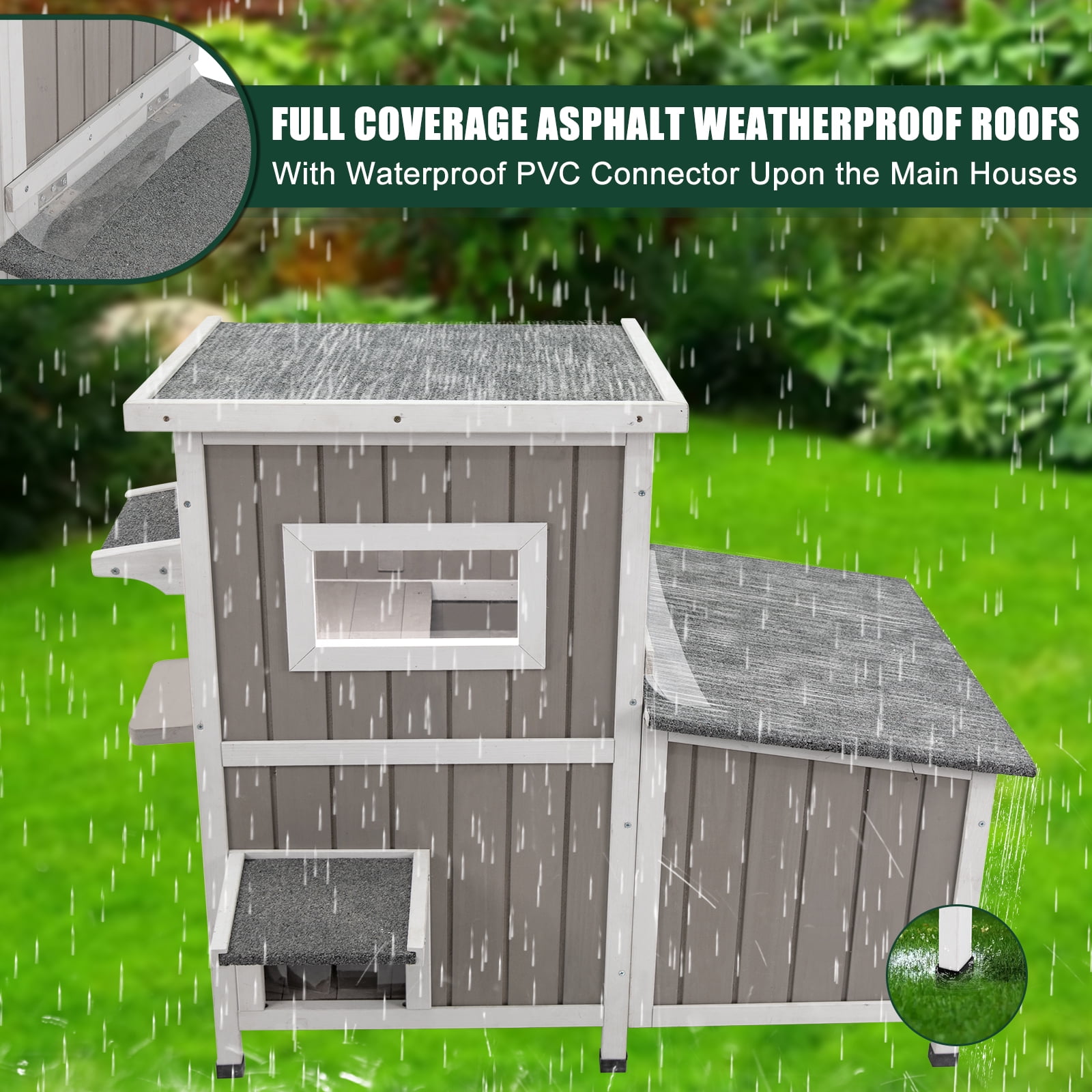 PETSCOSSET Outdoor Cat House  2-Story Wooden Condo - Weatherproof, Acrylic Window - Gray