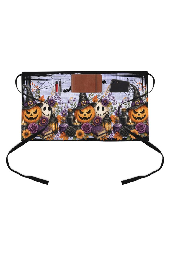 Halloween Kitchen Restaurant Half Waist Apron, Fall Vintage Ghosts Witch Hat Pumpkin Purple Rose Goth Server Short Apron with 3 Pockets Waterproof Oil Waist Aprons for Women Waitress Waiter