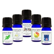 GreenHealth - Synergy Trial Set- 5 ml (1/6 fl oz) Blue w/ Euro Dropper- Germ Ninja, C'est La Vie, Pain & Strain, Headache Magic, & Citrus Splash- 100% Pure Essential Oil Blends- Set of 5, Aromatherapy